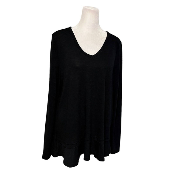 J. Crew Mercantile Black Woven Bottom Peep Hem Vneck Long Sleeve Tshirt Size XL - Picture 2 of 5